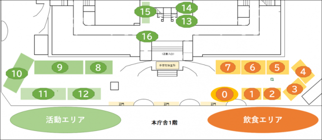 駐車場・本庁舎1階～活動エリアと飲食エリア～